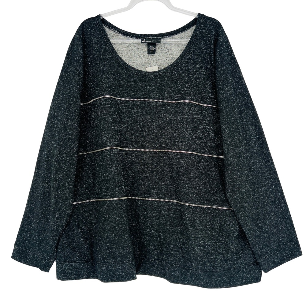 Lane Bryant Sweatshirt Women 26/28 Black Metallic Zipper Detail Shimmer Pullover